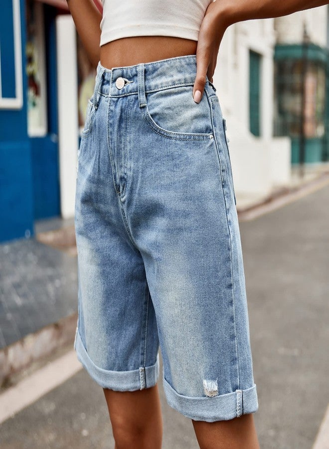 Sumleno Women's Jorts Y2k Baggy Jean Shorts Casual High Waist Straight Leg Long Denim Shorts Y2k Aesthetic Streetwear (Medium Wash,S) - Image 5
